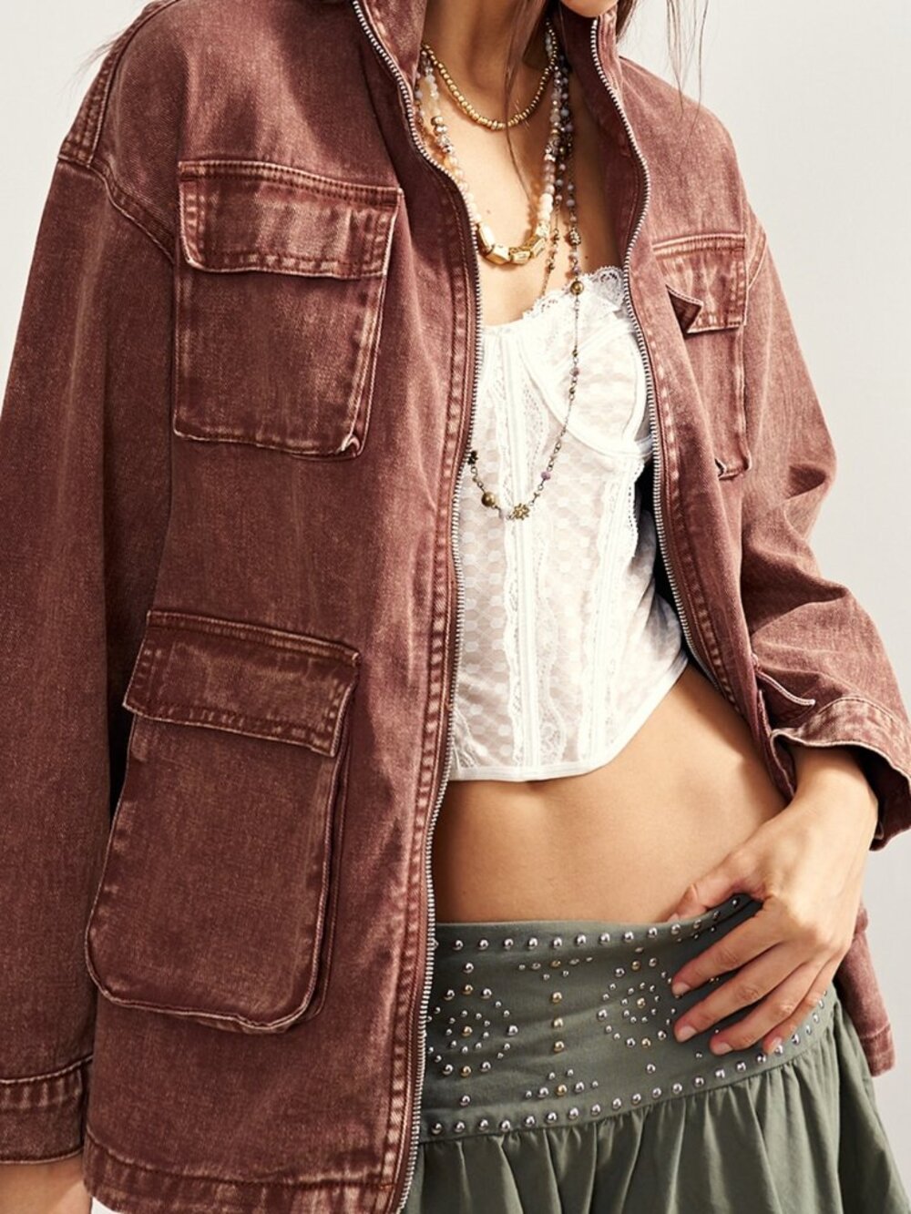 Brown Casual Women's Zipper Long Sleeve Jacket - Picture 5 of 9